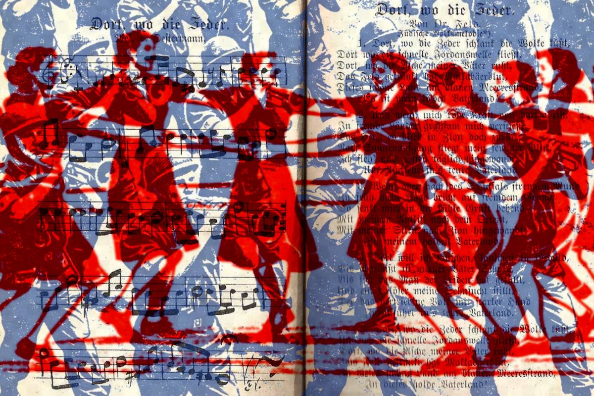 Layered collage on an open book spread with German lyrics and sheet music for the song “Dort wo die Zeder,” overlaid by a blue image of marching soldiers playing trumpets and a red image of women dancing in a circle.