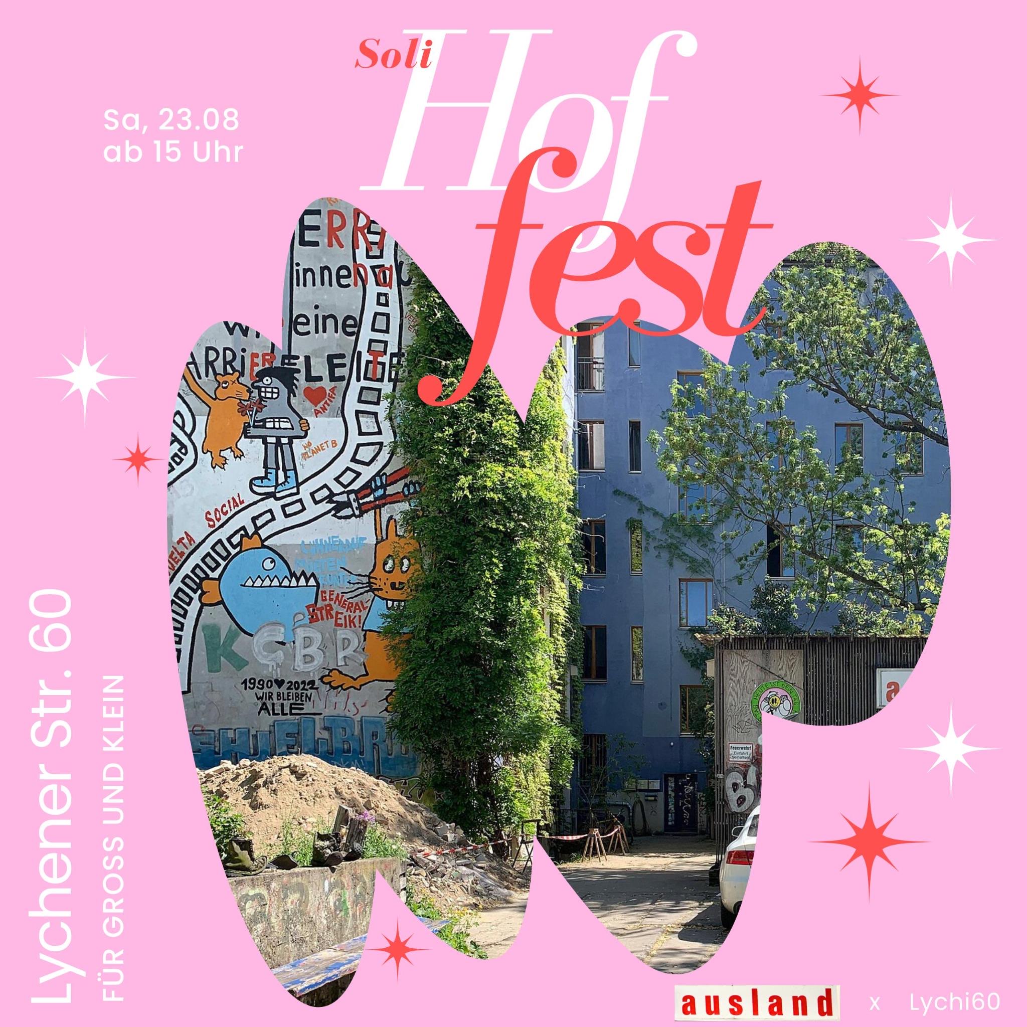 poster to the event A pink background makes way to a cut image of a photo, of the yard of lychi. It shows a wall with a graph, to the right a huge climbing plant many storeys tall, and to the right of this a wall with many small windows. The text on the poster specifies the time of the party and informations which are in the rest of the post.iti